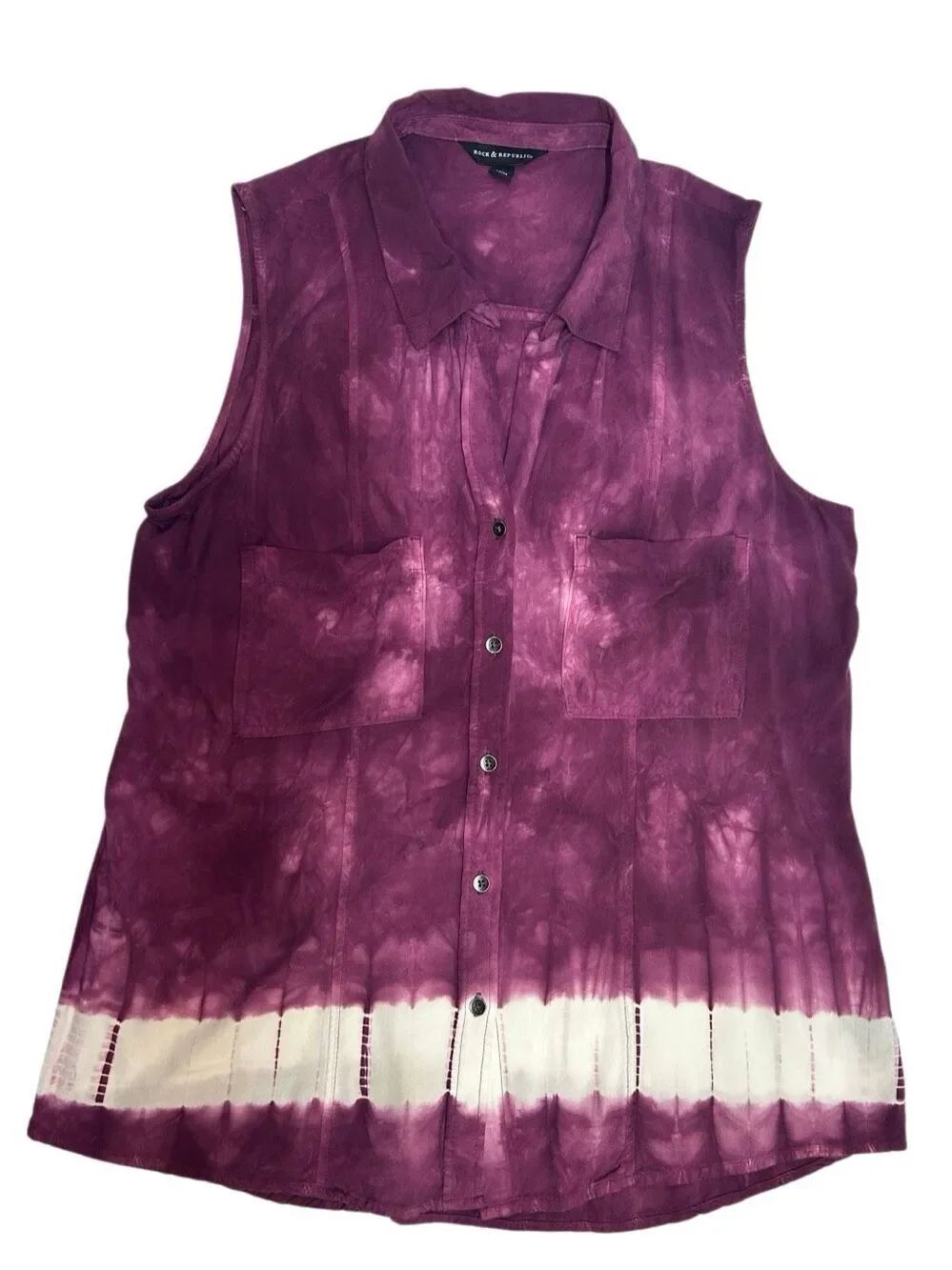 Rock & Republic Purple Tie Dye Sleeveless Button Down Shirt Women's L Rayon Top